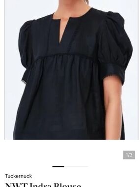 Tuckernuck Indra Black Puff-Sleeve Split-Neck Linen Blouse sz L